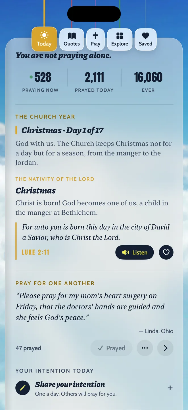 The Church year and a reader's prayer intention in the app