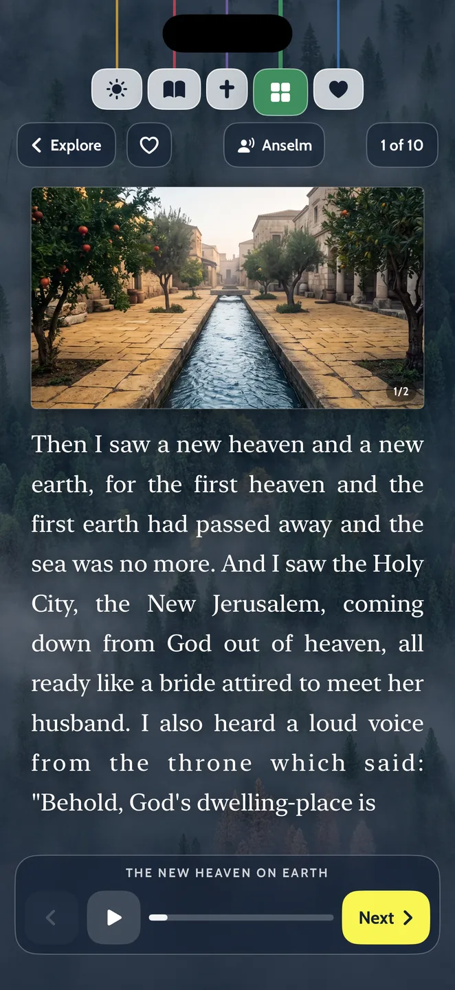 A Bible story in the app, with the Listen bar at the bottom
