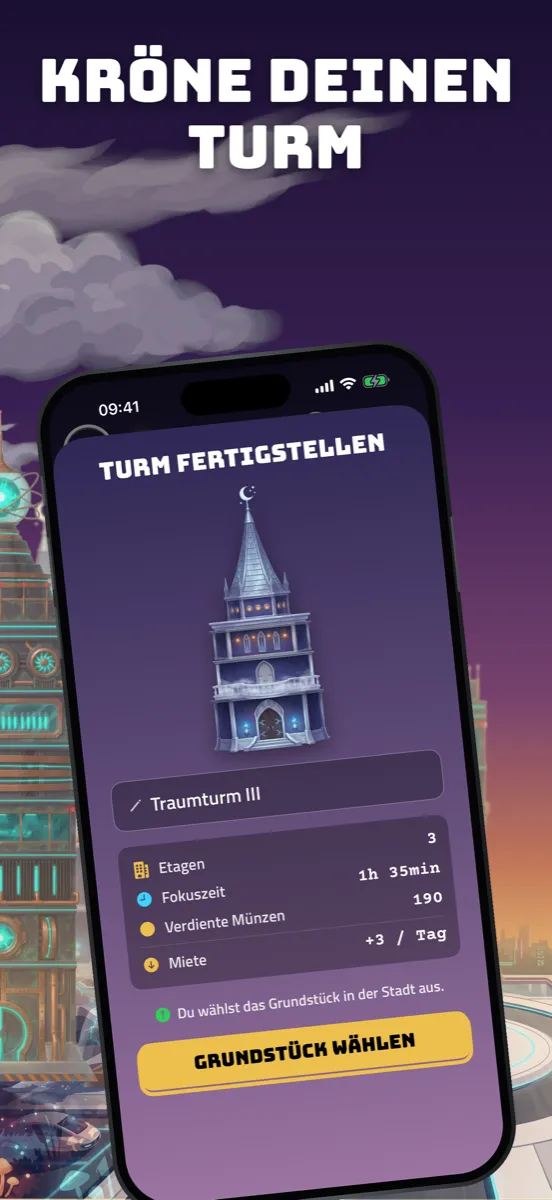 Ein Turm wird fertig: Stockwerke, Fokuszeit, Münzen und Miete