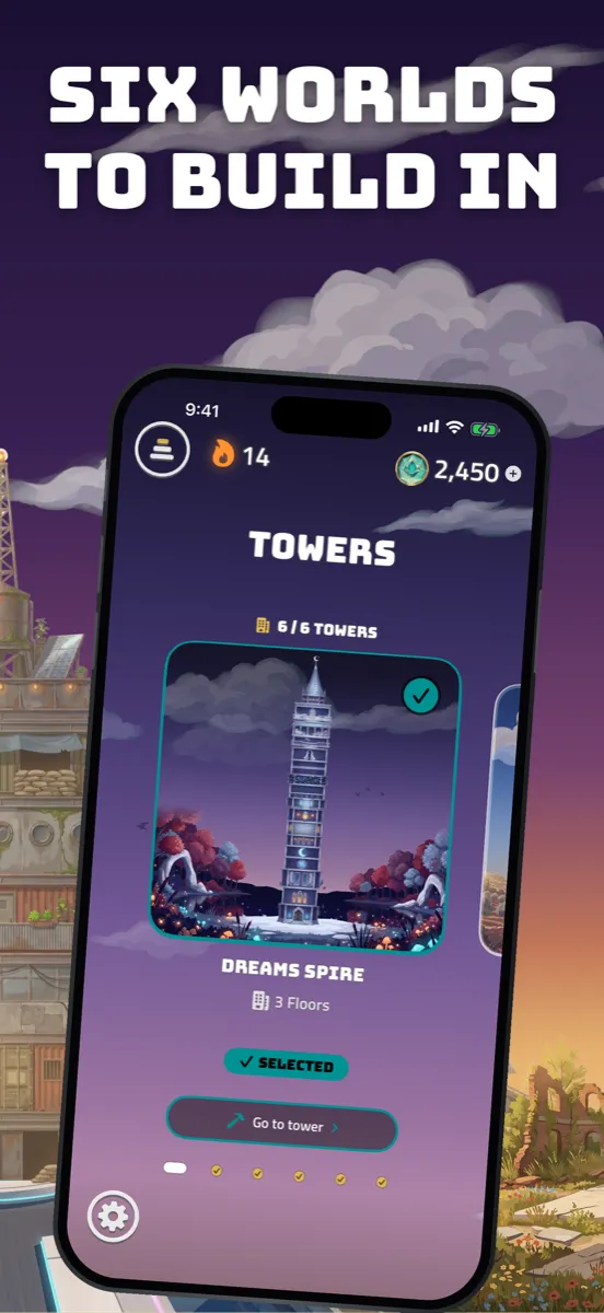 Six towers to unlock, each with its own world