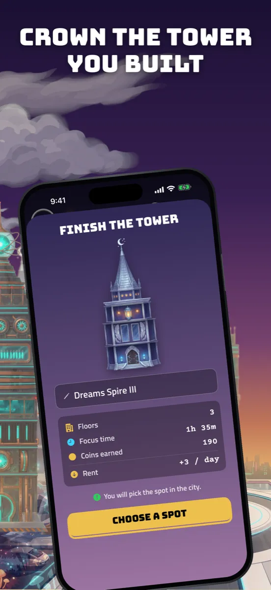 Finishing a tower: floors, focus time, coins and rent