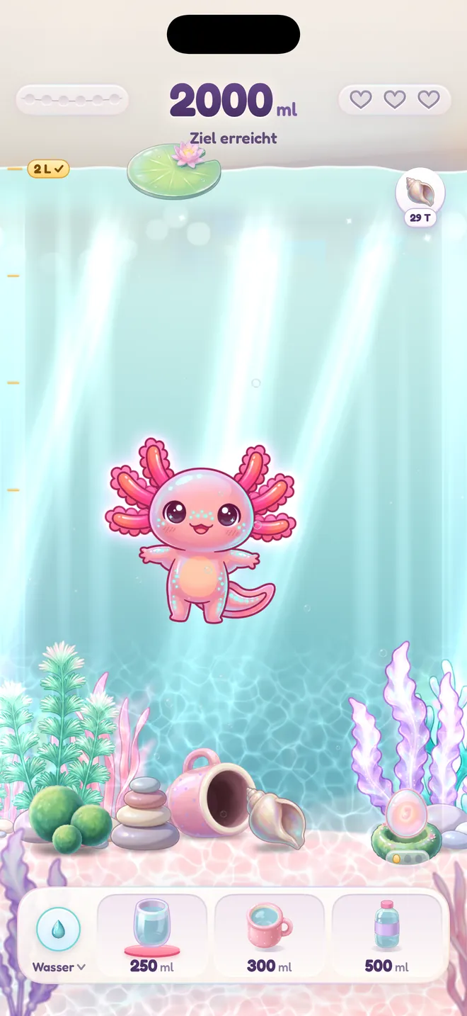 Tagesziel erreicht, der Axolotl in voller Blüte