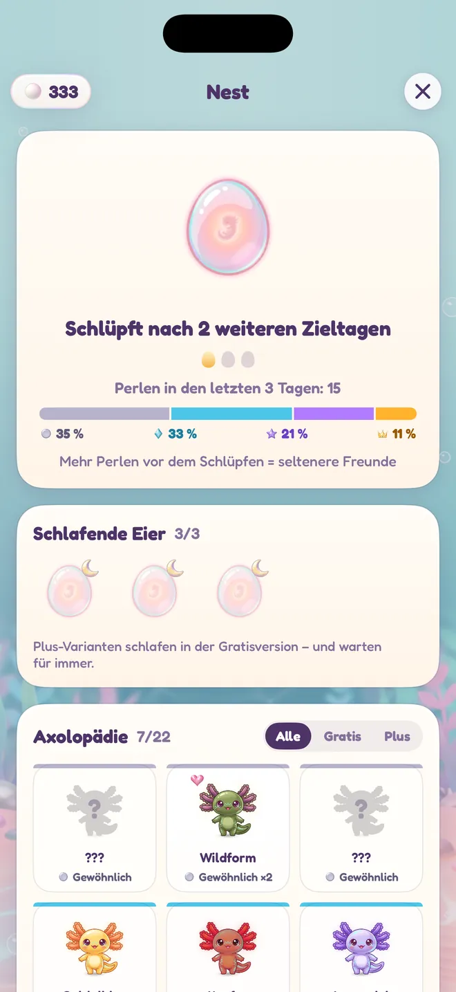 Das Nest, in dem Eier warten und die Axolotl-Sammlung wächst