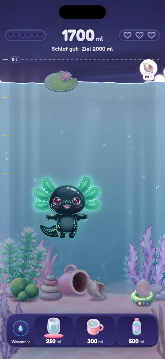 Das Aquarium bei Nacht mit einem leuchtenden dunklen Axolotl