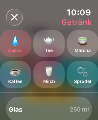 Getränkeauswahl auf der Apple Watch: Wasser, Tee, Matcha, Kaffee, Milch oder Sprudel