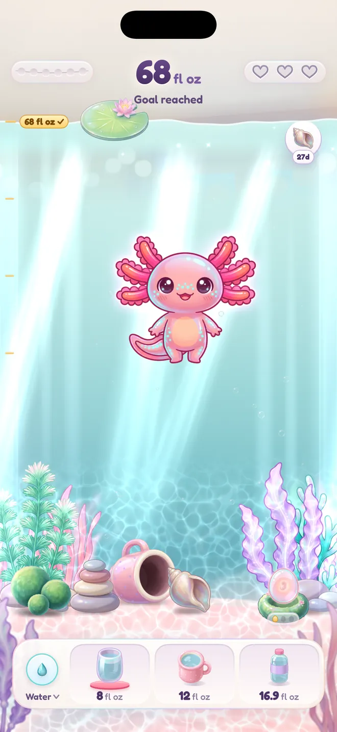 The daily goal reached and the axolotl in full bloom