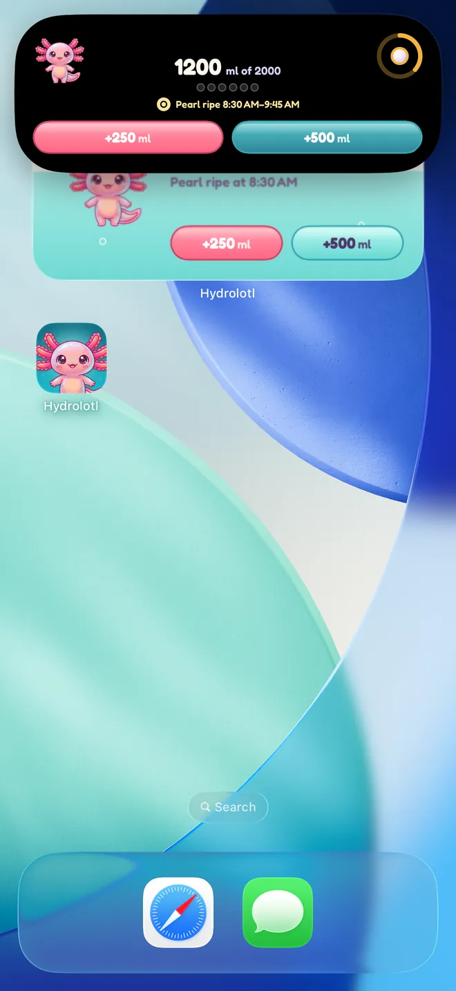 The Hydrolotl Live Activity open in the Dynamic Island, with buttons to add a drink