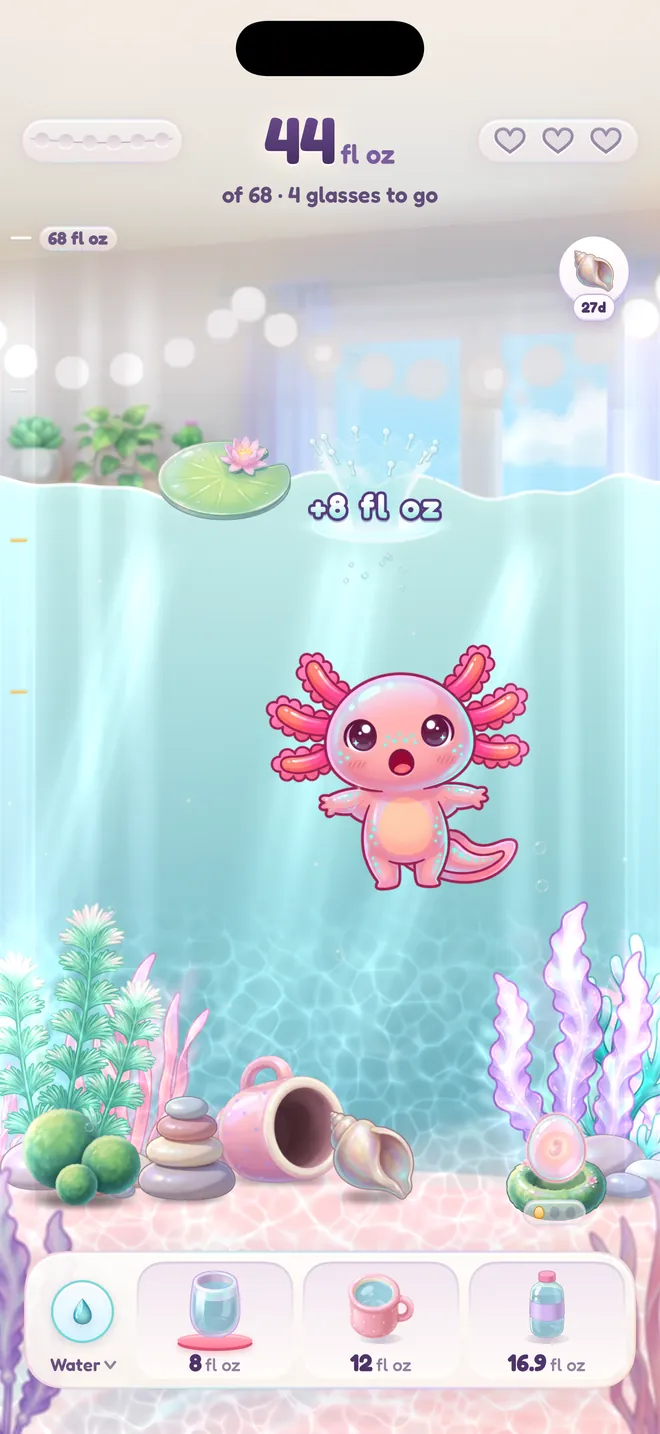A drink splashing into the axolotl's tank, the water level rising