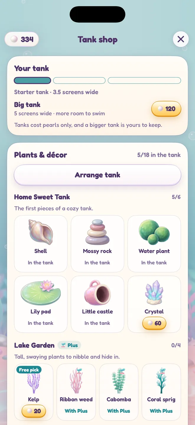 The tank shop with a bigger tank, plants and décor to buy with pearls