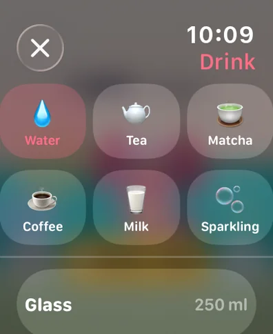 Choosing a drink on Apple Watch: water, tea, matcha, coffee, milk or sparkling