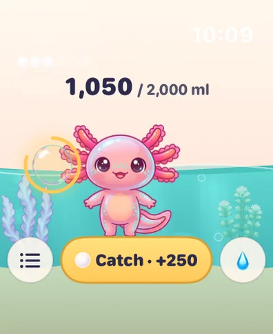 The axolotl's tank on Apple Watch, with a pearl ready to catch
