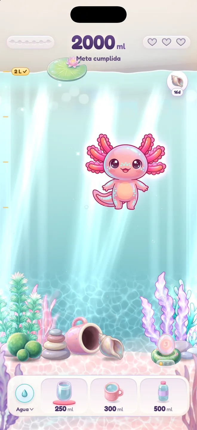 El ajolote de Hydrolotl en plena flor al cumplir la meta de agua del día