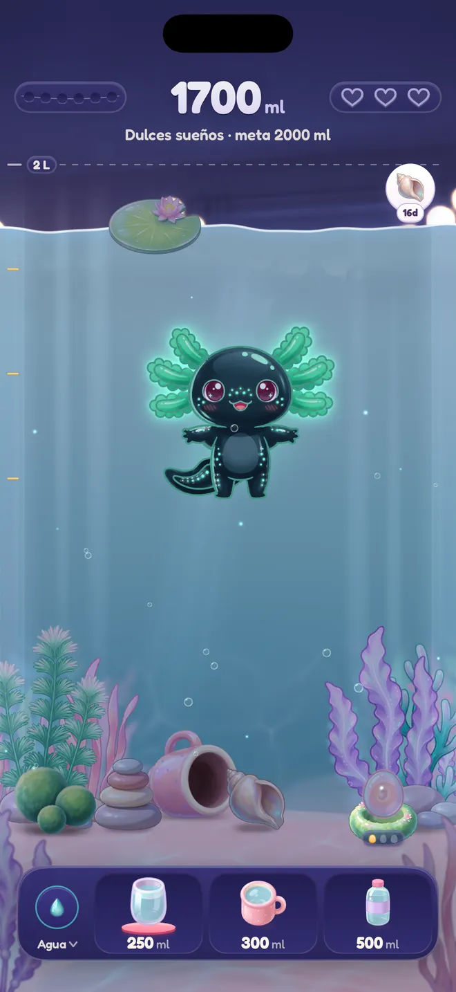 El acuario de noche con un ajolote oscuro que brilla