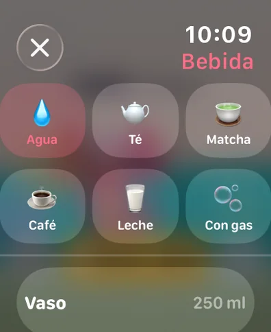 Elegir una bebida en el Apple Watch: agua, té, matcha, café, leche o agua con gas
