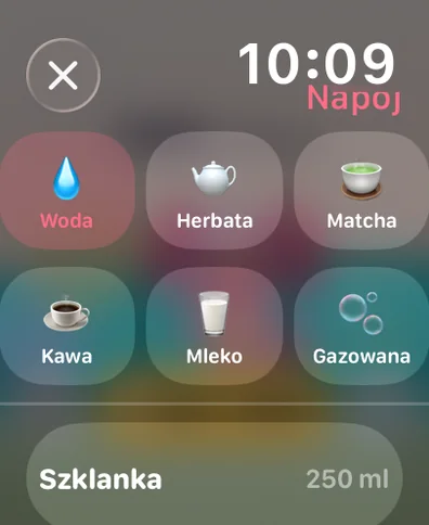 Wybór napoju na Apple Watch: woda, herbata, matcha, kawa, mleko lub gazowana