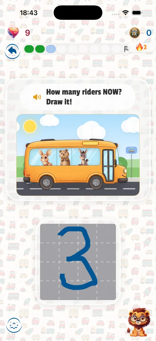 Minigra Trasa autobusu w 99 Math Animals: troje zwierzęcych przyjaciół jedzie żółtym autobusem, a dziecko pisze, ilu pasażerów jedzie teraz