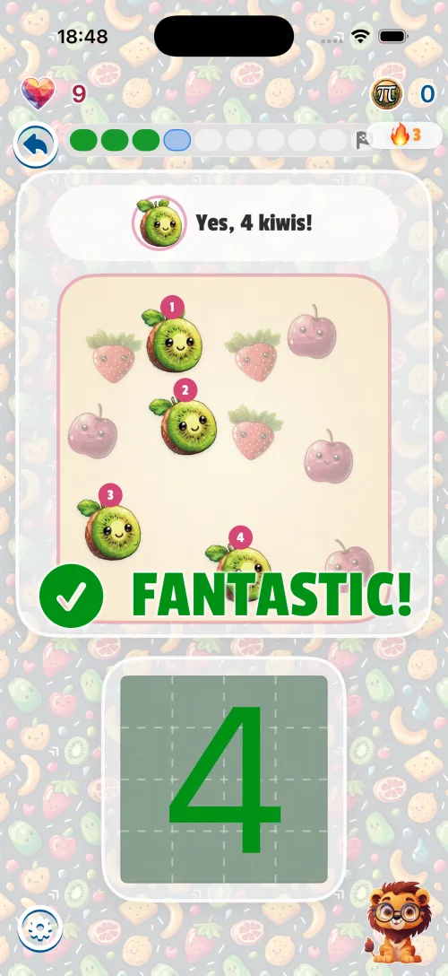 Dobra odpowiedź w 99 Math Animals: dziecko napisało palcem cyfrę 4, a gra świętuje wielkim zielonym napisem Fantastycznie