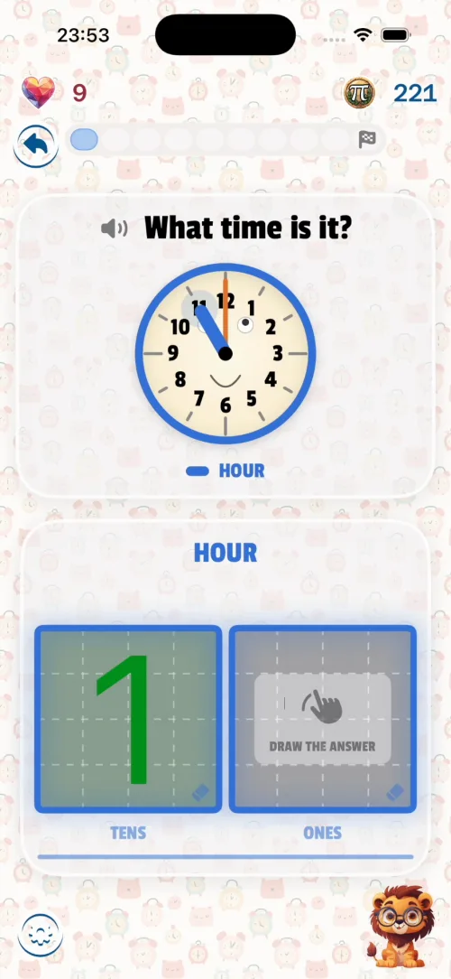 Telling the time on an analog clock, half past, drawing the hour and minutes