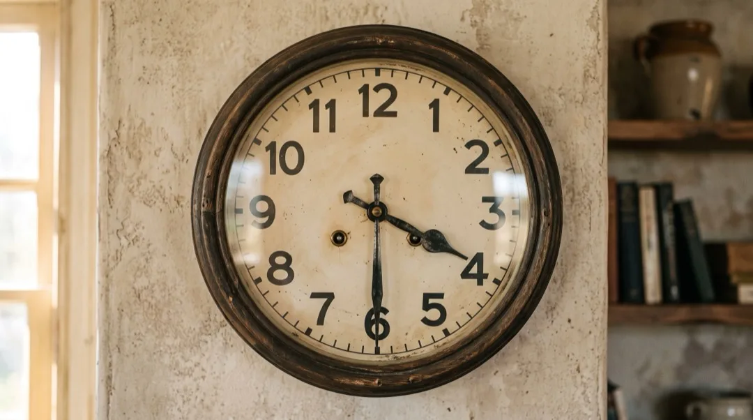 Close-up of an analog wall clock showing a time with the minute hand pointing straight down.