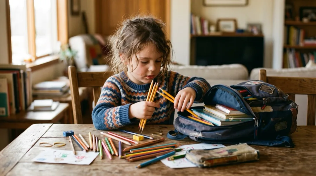 Ein Kind zählt Stifte beim Packen eines Schulranzens für das neue Schuljahr.
