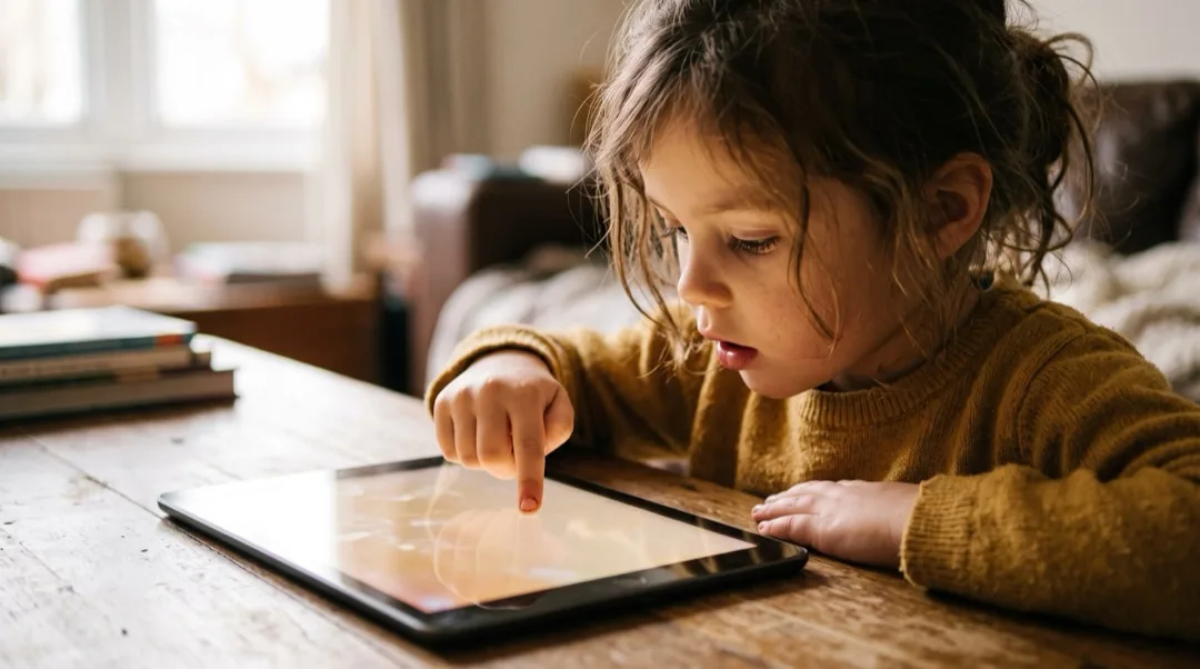 Der Finger eines Kindes berührt aktiv einen Tablet-Bildschirm mit konzentriertem, engagiertem Gesichtsausdruck.
