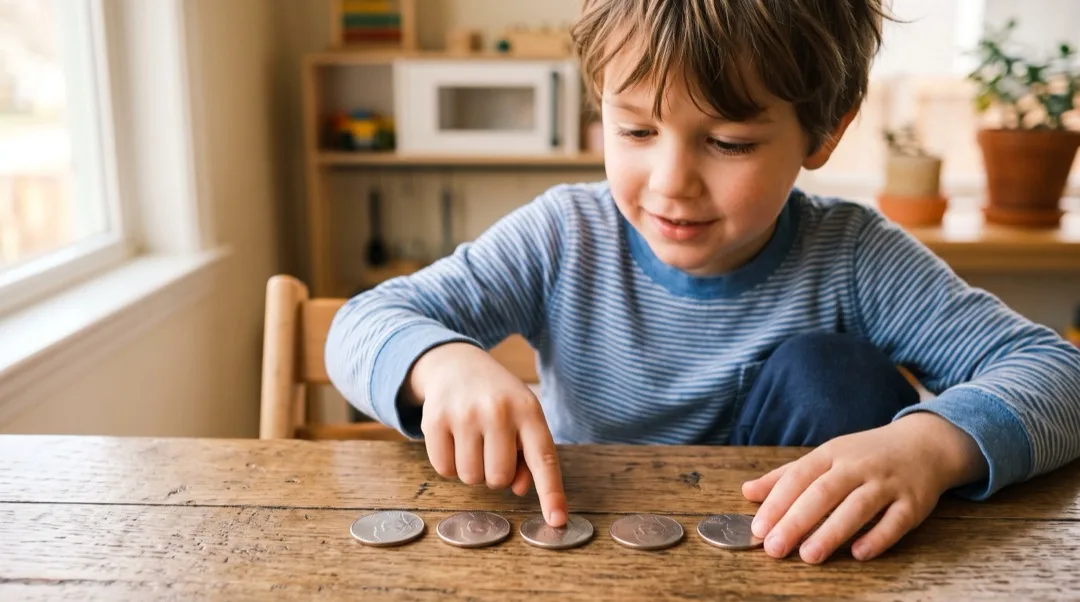 A child's finger pointing along a row of nickels laid out in a line on a table, counting them.