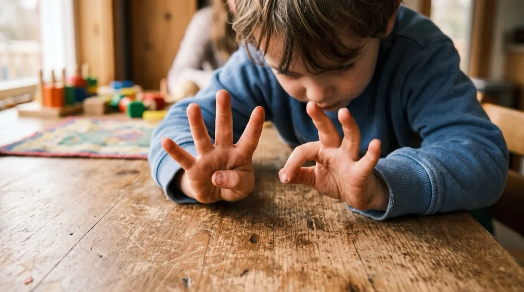 A child's two hands counting on fingers at a table, head lowered in concentration.