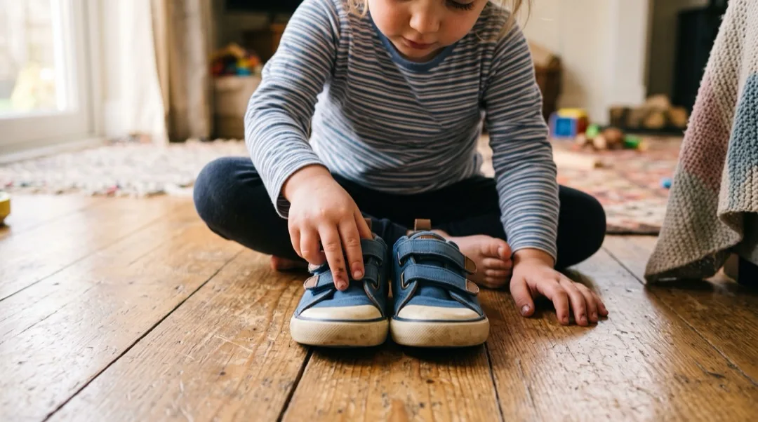 A child's hands lining up and counting a pair of shoes.