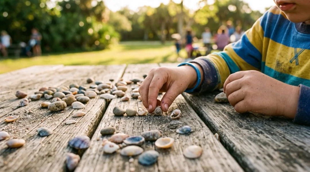 Die Hand eines Kindes zählt Kieselsteine und Muscheln auf einem Picknicktisch draußen.