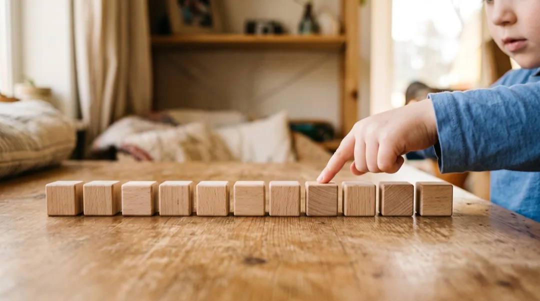 A child's finger touching a wooden block in a long row of counting blocks on a table.