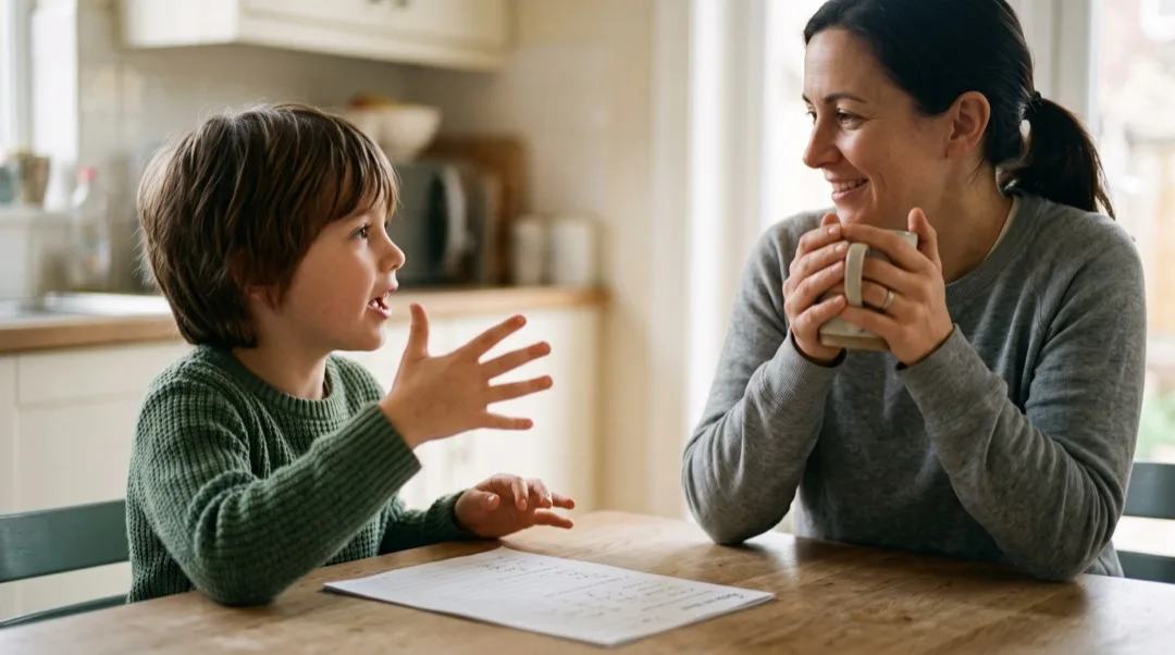 Ein Kind am Küchentisch erklärt lebhaft etwas, ein Elternteil hört zu und hält eine Tasse mit beiden Händen.