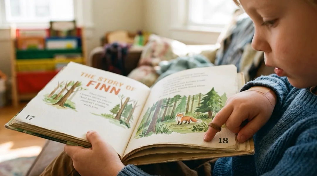 A child's finger touching a page number in an open picture book.