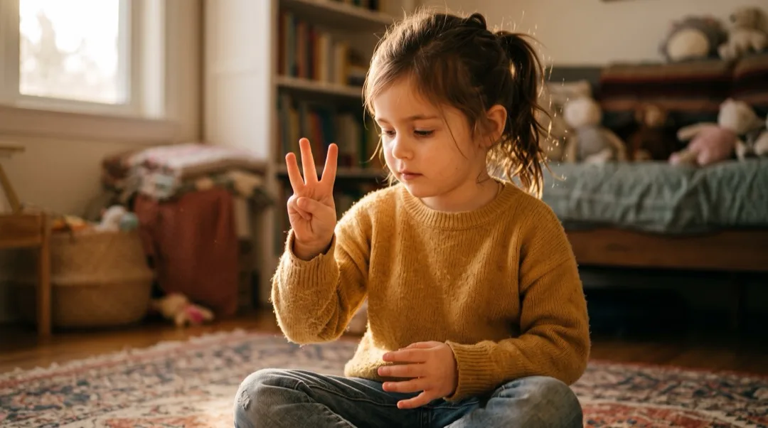 Ein Kind hält eine kleine Anzahl Finger in einem vertrauten Muster hoch und schaut auf die eigene Hand.