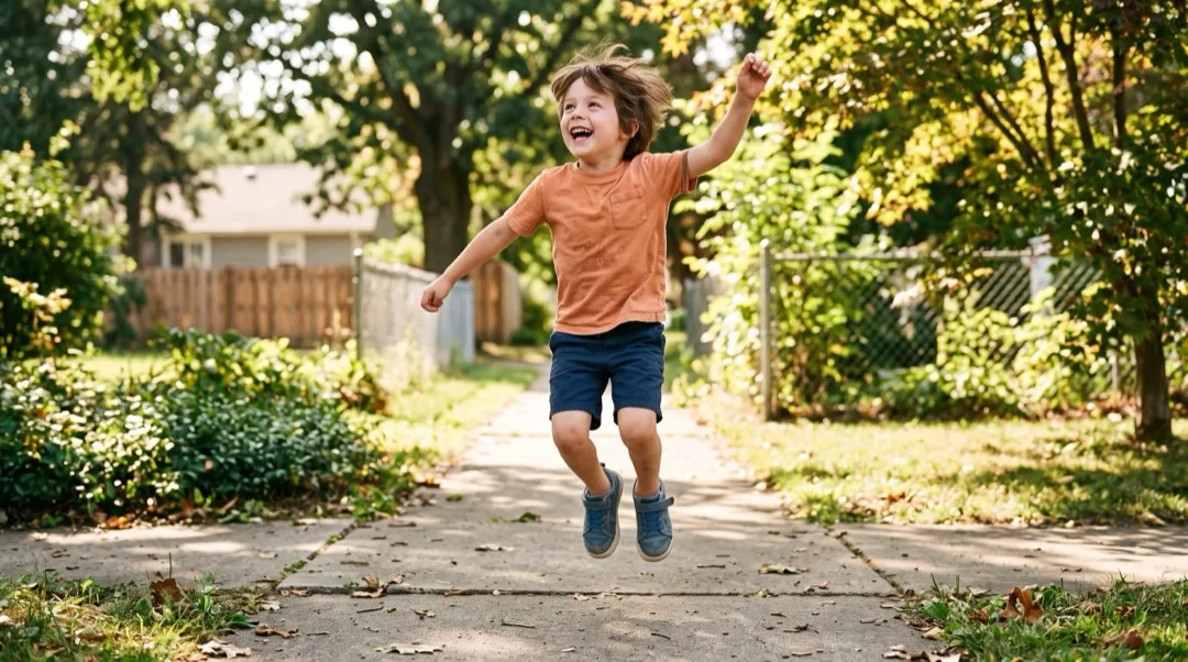 A child mid-hop outdoors, counting out loud while jumping.