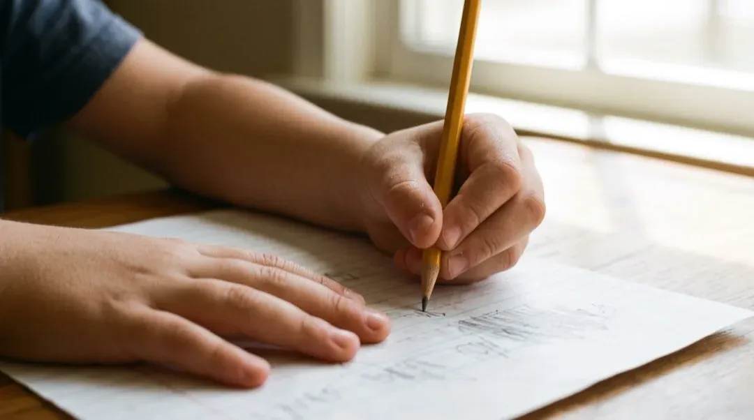 Nahaufnahme einer linken Kinderhand, die beim Schreiben einen Stift etwas weiter von der Spitze entfernt hält.