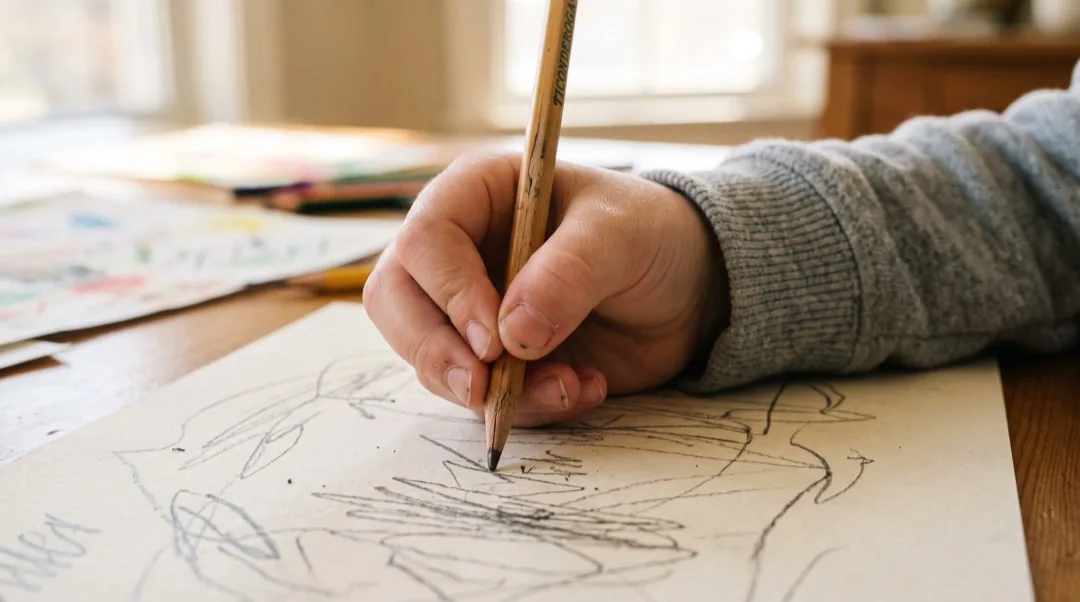Nahaufnahme der Hand eines Kindes, die beim Zeichnen einen Stift hält.