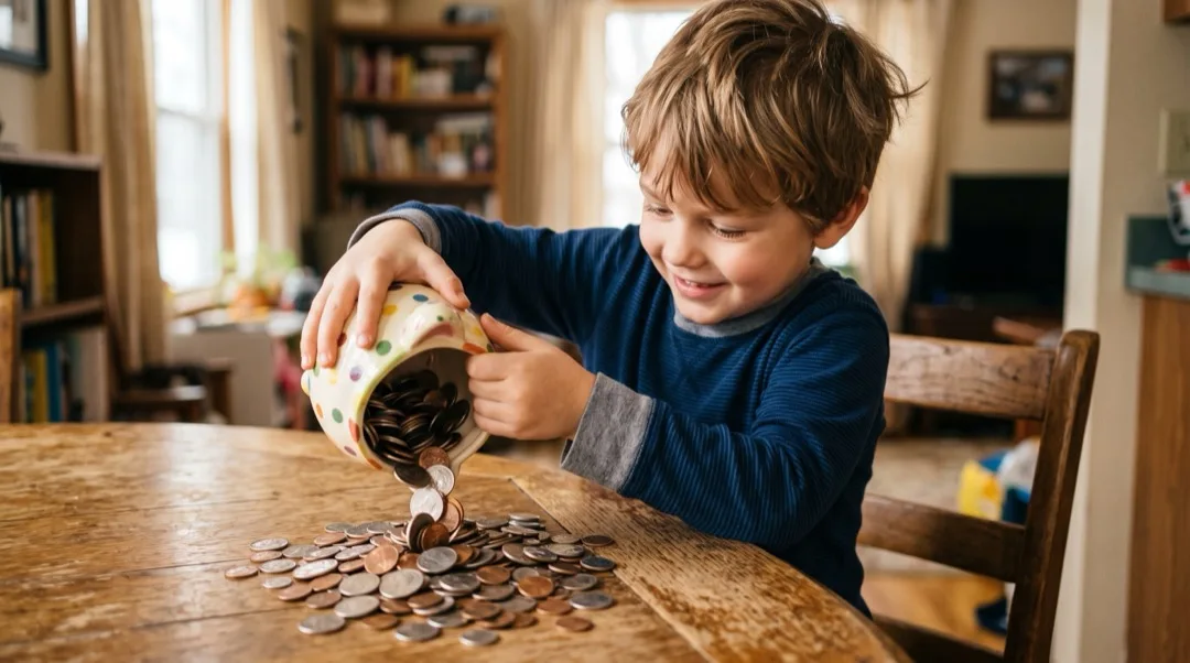 A child pouring coins out of a piggy bank onto a table, face and hands both visible together.