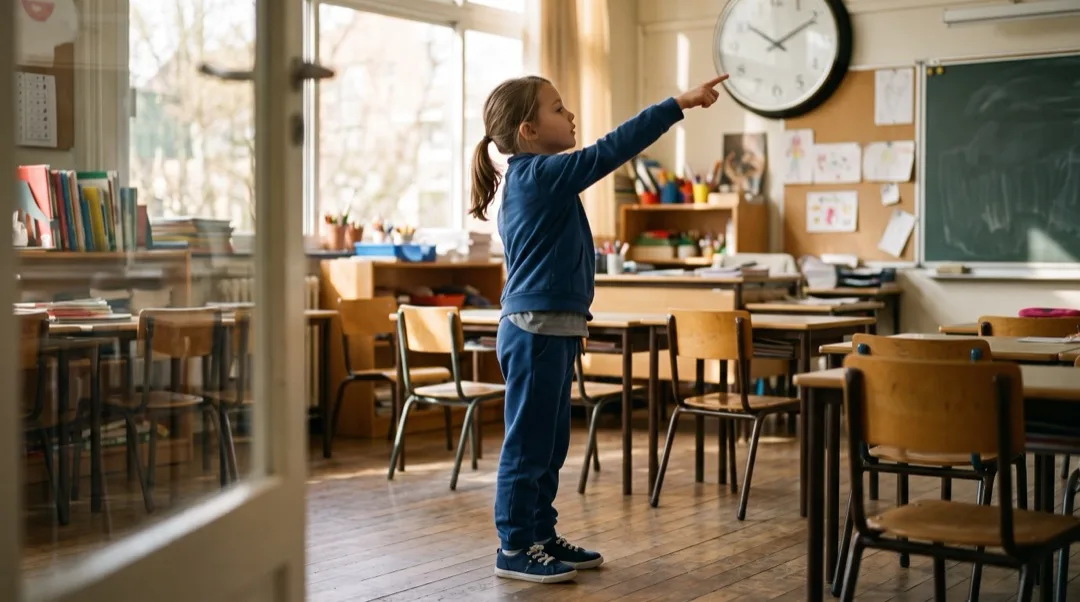 A child pointing at a wall clock in a classroom, face and arm both clearly visible together.