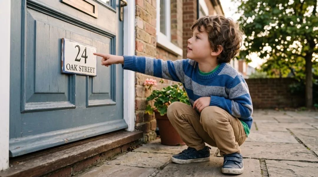 A child pointing at a house number sign reading 24 on a front door.