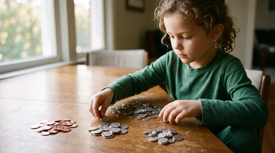 A child's hands sorting pennies, nickels, and dimes into separate small piles on a table.
