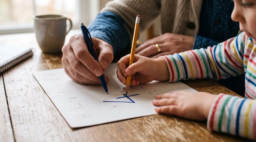 Die Hand eines Elternteils und die Hand eines Kindes schreiben zusammen auf Papier, das Kind fährt eine Zahl nach.