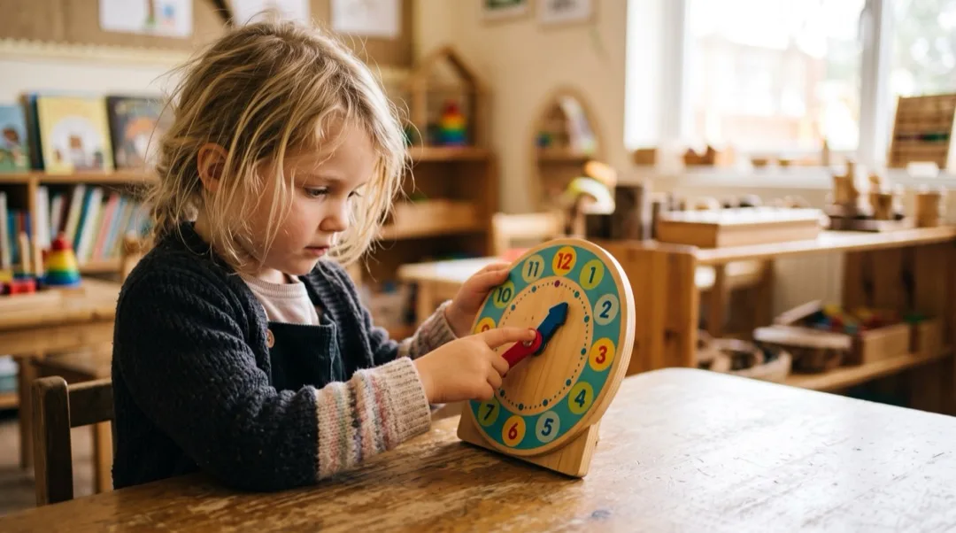 A child's hands turning the hands of a wooden teaching clock, face and torso visible together.