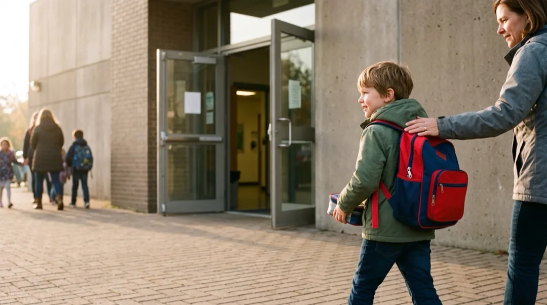 Ein Kind geht mit einem Ranzen in die Schule, die Hand eines Elternteils ruht unterstützend auf seiner Schulter.