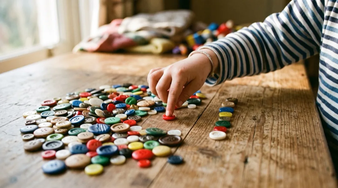 Die Hand eines fünfjährigen Kindes berührt Knöpfe in einem Haufen nacheinander beim Zählen.