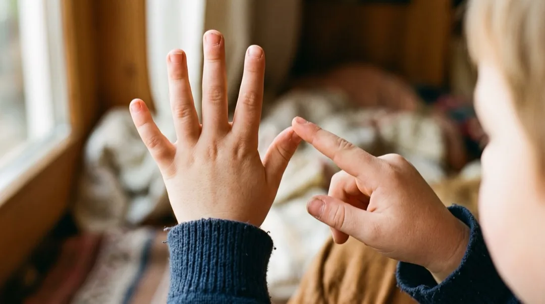 A child's hand counting up starting from five raised fingers held up on the other hand.