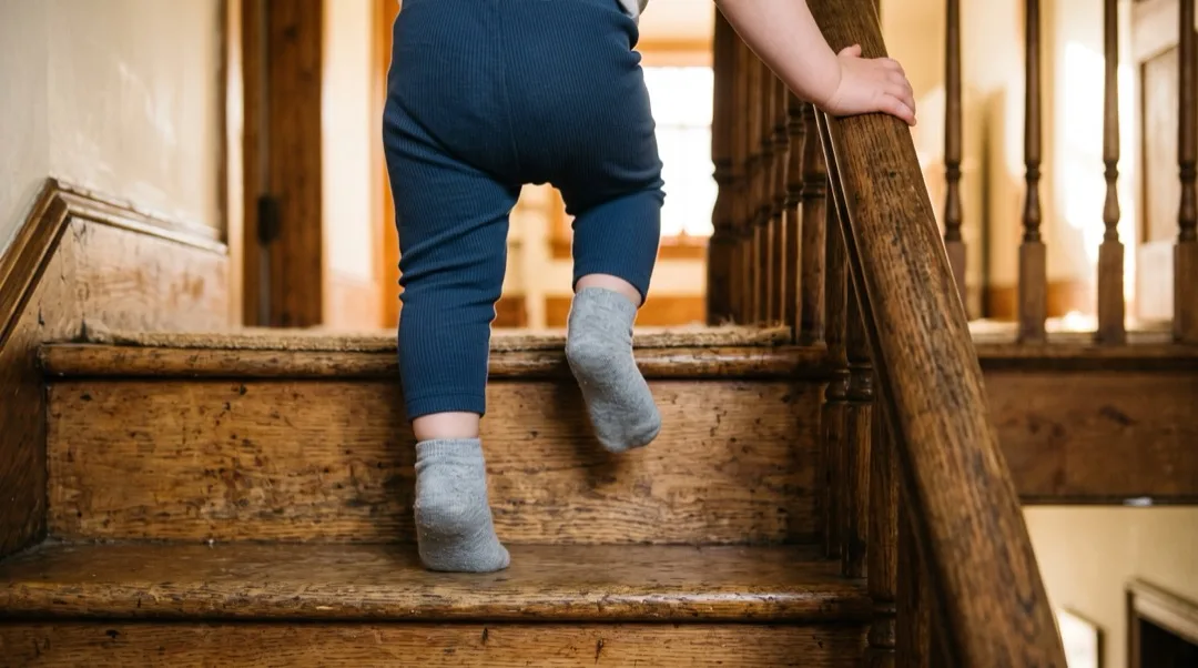Die Füße eines Kindes erklimmen Holztreppenstufen, eine nach der anderen.