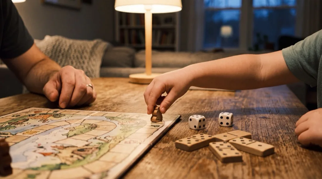 Dziecięca ręka przesuwa drewniany pionek po planszy; obok na stole leżą kostki i domino.
