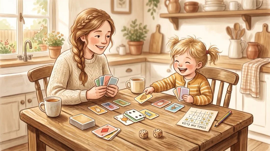 A parent and child playing a times-tables card game at the kitchen table, with cards, dice and a hand-drawn multiplication grid.