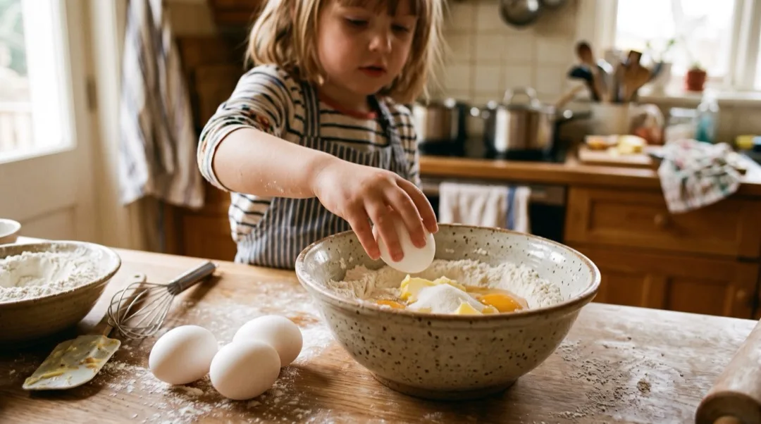 Ein Kind zählt Eier in eine Rührschüssel beim Backen, drei Eier sichtbar auf der Arbeitsplatte.