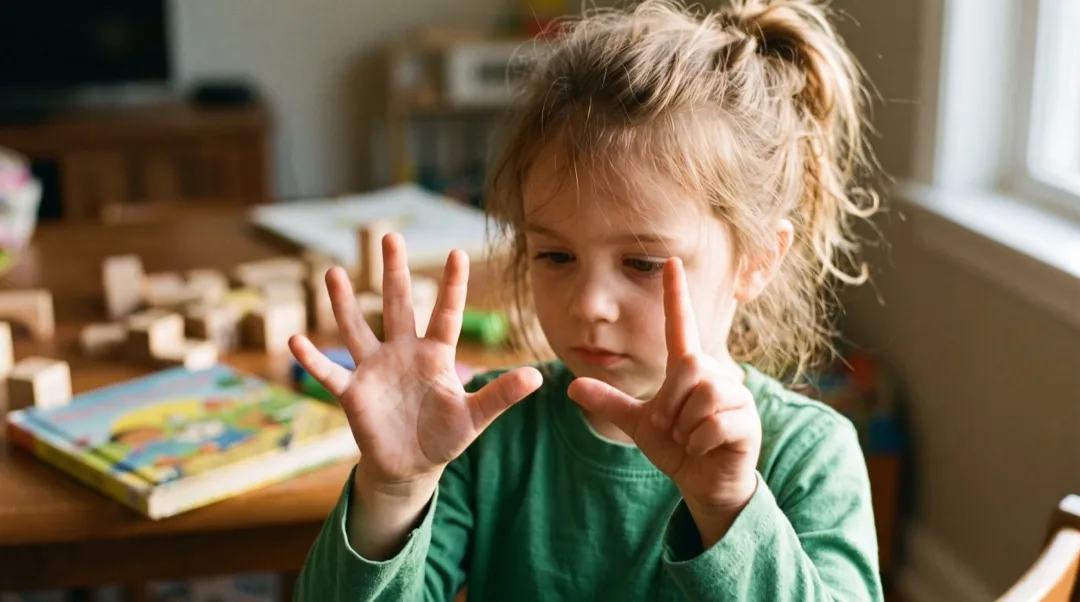 Die Hände eines Kindes zeigen einen Fingerzähl-Trick.